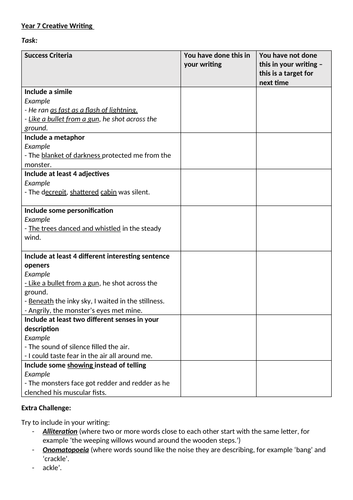 year 7 creative writing examples