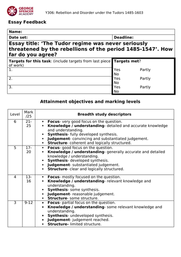 OCR Tudor Rebellions | Essay Planning - Henry VIII | Teaching Resources