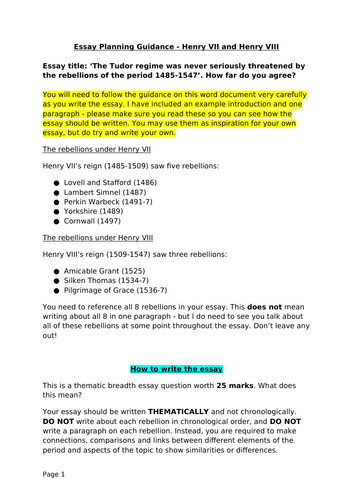 OCR Tudor Rebellions | Essay Planning - Henry VIII | Teaching Resources