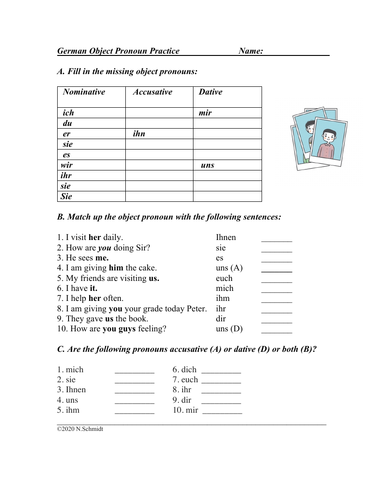 German Object Pronouns Worksheet: Accusative + Dative / Akkusativ + Dativ