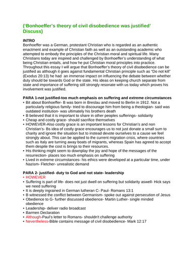 OCR RELIGIOUS STUDIES- Christian Moral Action (Bonhoeffer) ESSAY PLANS