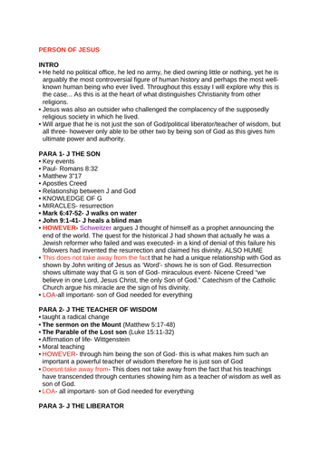 OCR RELIGIOUS STUDIES- Person of Jesus ESSAY PLAN