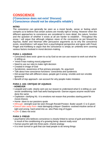 OCR RELIGIOUS STUDIES- Conscience ESSAY PLANS