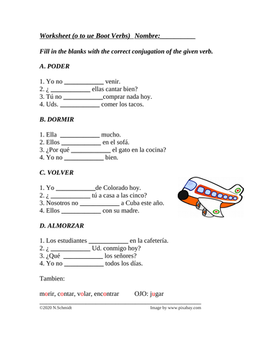 spanish stem changing boot verbs o to ue worksheet