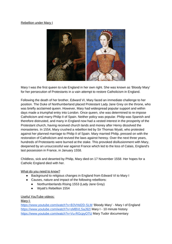 OCR Tudor Rebellions | Northumberland & Wyatt | Teaching Resources