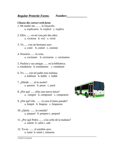 REGULAR Preterite Multiple Choice Worksheet (Pretérito)