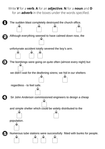 Identifying nouns, verbs, adjectives, adverbs. World War 2 theme