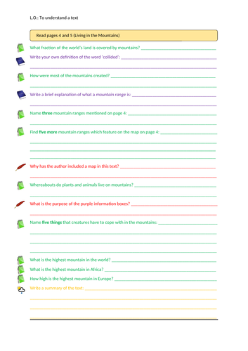 Mountains Reading Comprehension Activities | Teaching Resources