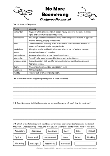 No More Boomerang - Oodgeroo Noonuccal - Worksheet | Teaching Resources