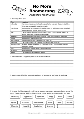 No More Boomerang - Oodgeroo Noonuccal - Worksheet | Teaching Resources