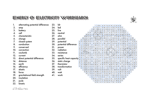 Energy & electricity word search