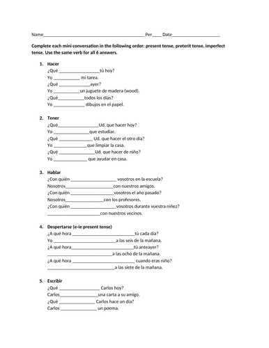 present preterit imperfect conversation worksheet | Teaching Resources