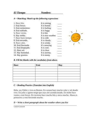 Spanish Weather Worksheet: El tiempo