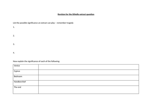 Revision for Othello, English Literature, Key stage 5, extract question ...