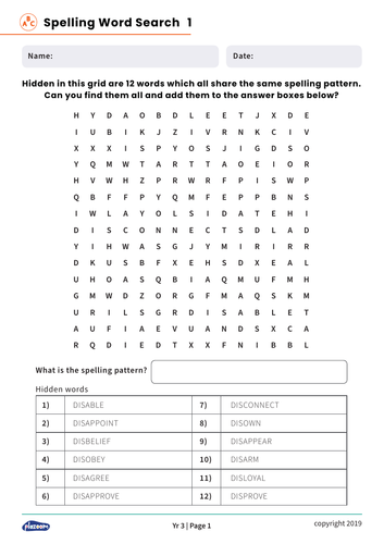 Year 3 Spelling Patterns Differentiated Wordsearch Worksheets