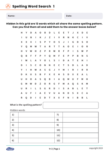 Year 3 Spelling Patterns Differentiated Wordsearch Worksheets