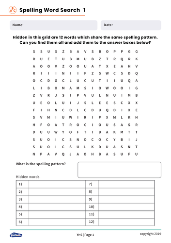 Year 5 Spelling Patterns Differentiated Wordsearch Worksheets
