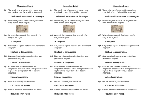 GCSE Magnetism/Electromagnetism Quick Quizzes | Teaching Resources