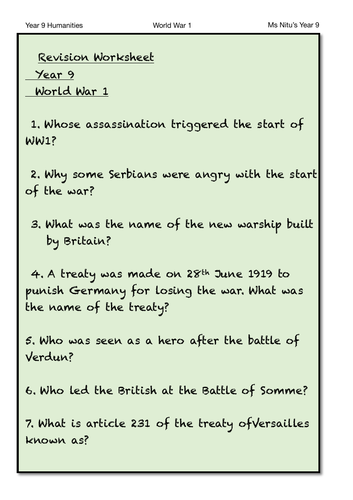 KS3 World War 1 Assessment | Teaching Resources