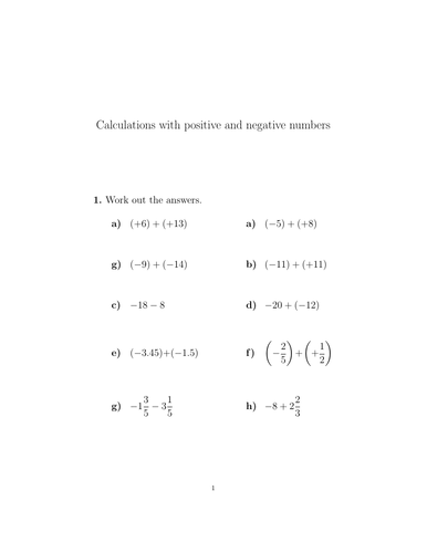 Calculations with positive and negative numbers worksheet (with ...