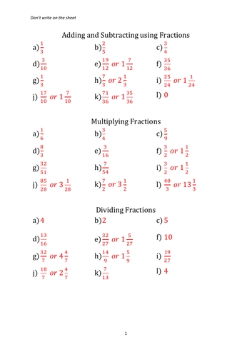  Fractions Four Operations Worksheet Teaching Resources