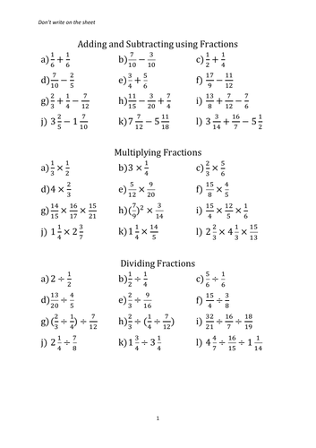 Four Operations With Fractions Worksheets