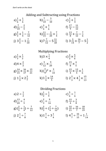 fractions four operations worksheet teaching resources