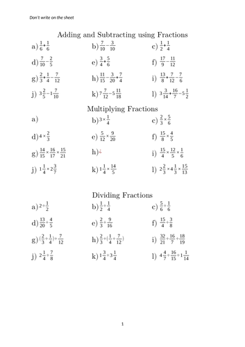 Fractions - Four Operations Worksheet | Teaching Resources