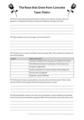 The Rose that Grew from Concrete Tupac Shakur Worksheets Teaching