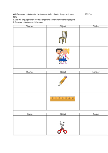 Compare objects using the language: taller, shorter, longer and same ...