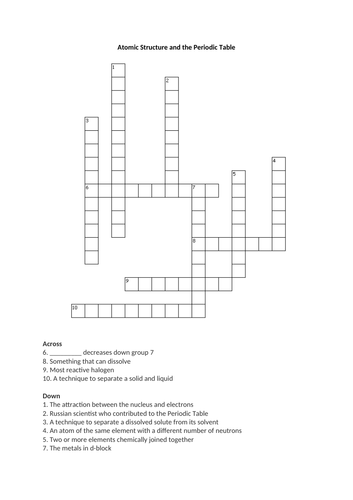 Atomic Structure Periodic Table Crossword Teaching Resources