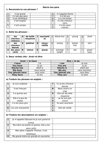 French Family: Ma famille - Relationships & descriptions (5 Worksheets ...