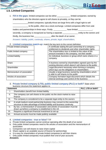 Unit 1 - Limited Companies - CIE AS Business - Worksheet | Teaching ...