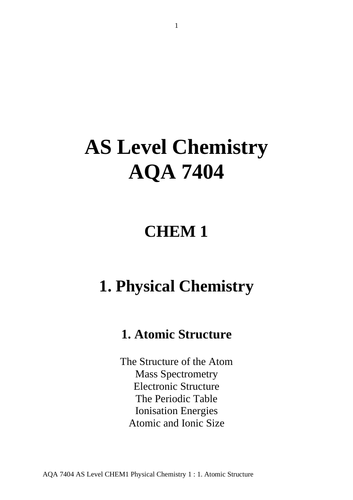 AQA AS Chemistry 1 Atomic Structure Revision Notes | Teaching Resources