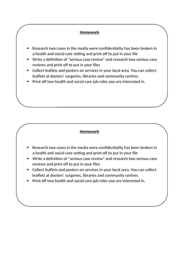 Health and Social Care Level 1 CACHE NCFE Homework