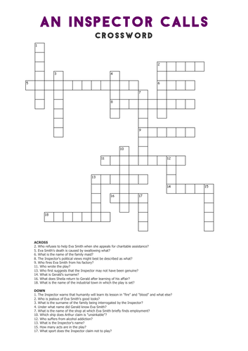 An Inspector Calls: Crossword Teaching Resources