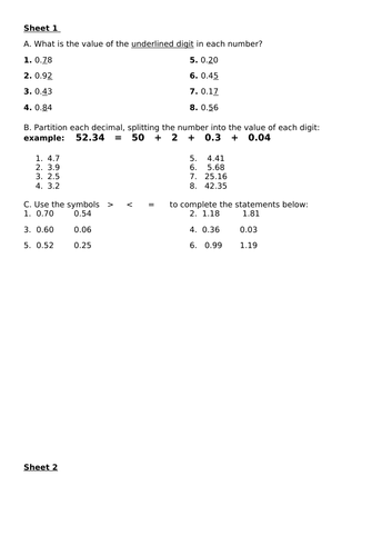 read and write numbers with up to 2-decimal places - sheets and challenges - Y4, Y5 & Y6