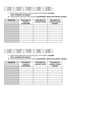 round decimals to the nearest whole number and 1-decimal place - worksheets and challenges - Y5 & Y6