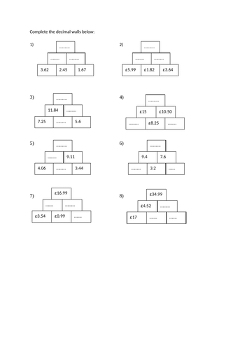 subtract decimal numbers with up to 3-decimal places - worksheets and challenges - Y5 & Y6