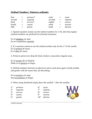 spanish ordinal numbers handout worksheet numeros ordinales