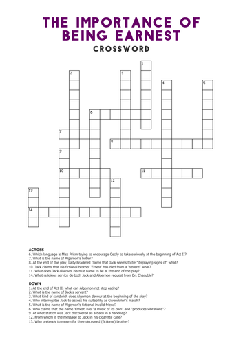 The Importance of Being Earnest: Crossword Teaching Resources