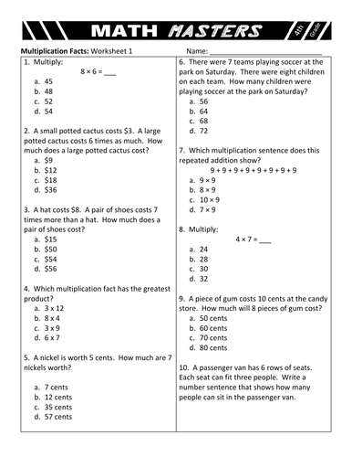 multiplication facts 4th grade math skills common core 4 oa a 1 a 2 and a 3 teaching resources