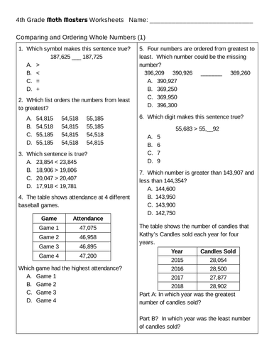 Comparing And Ordering Whole Numbers Worksheets 4th Grade