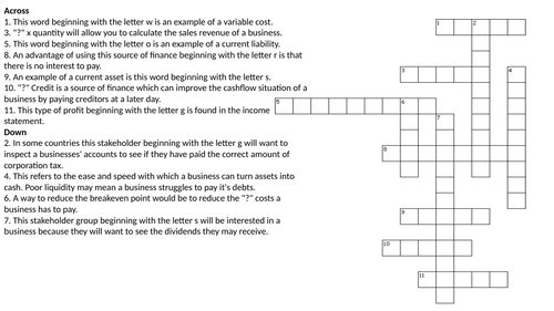 GCSE 9 1 Business End Of Topic Crossword Activties Teaching Resources