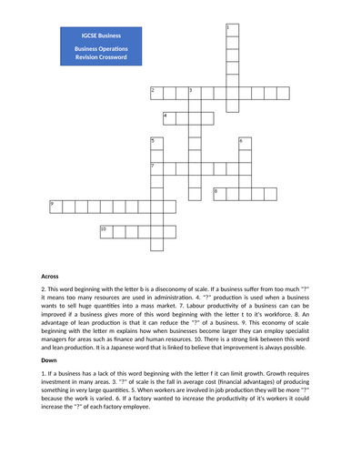 GCSE 9 1 Business End Of Topic Crossword Activties Teaching Resources
