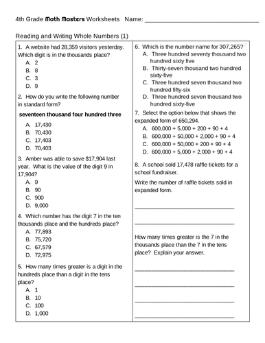 Reading And Writing Whole Numbers Worksheets