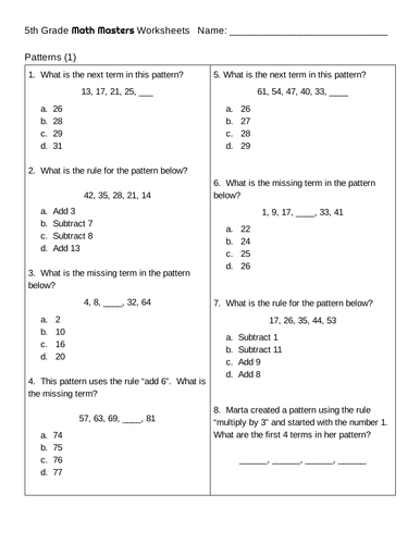 patterns 5th grade math skills common core 5 oa b 3 teaching resources