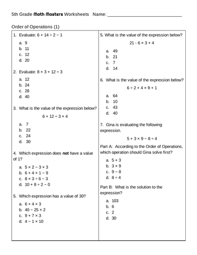 5th grade math worksheets order of operations