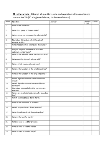 GCSE 9-1 Revision Biology AQA Unit 2 Retrieval Practice Quiz | Teaching ...