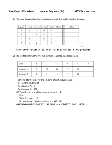 number sequence igcse mathematics 0580 past papers worksheet with